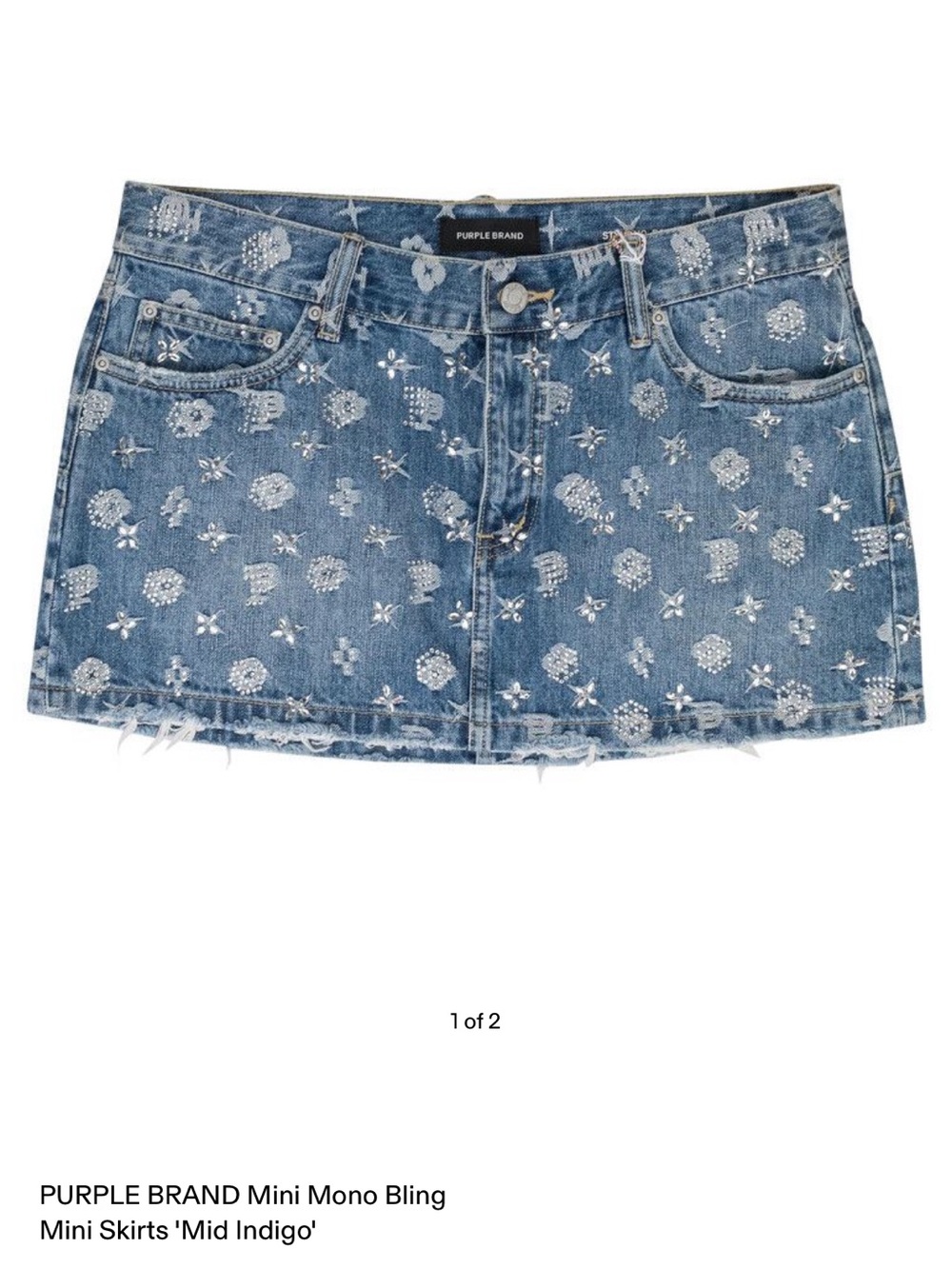 PURPLE BRAND Mid Indigo Denim Mini Skirt with Silver Bling